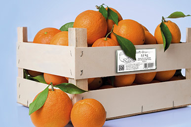 Orangenkiste mit Etikett